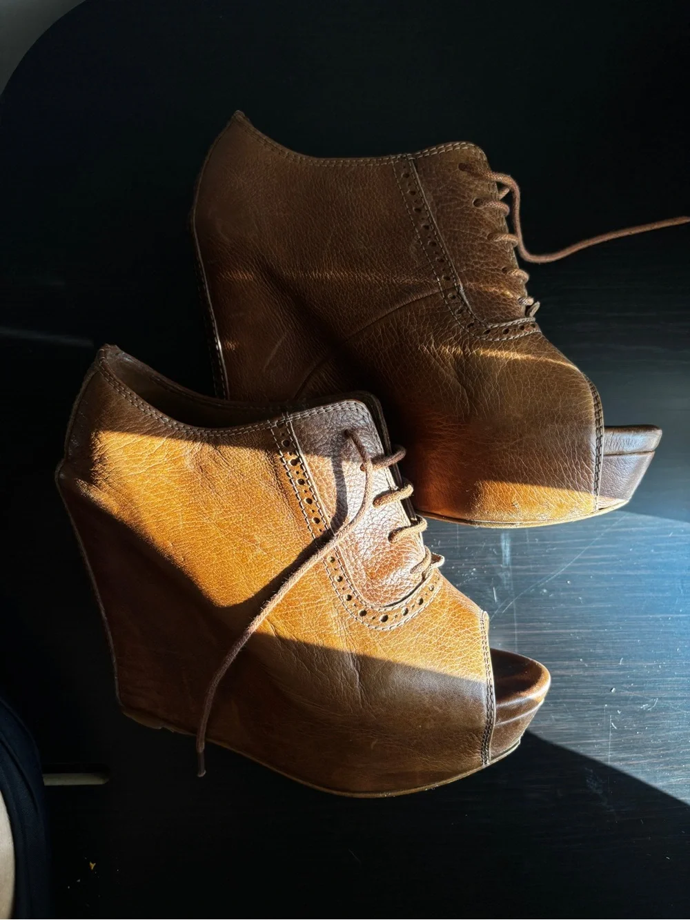 Zara Brown Leather Peep-Toe Wedge Booties rare style real leather